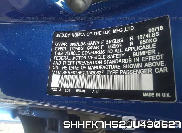 SHHFK7H52JU430627 фото 10