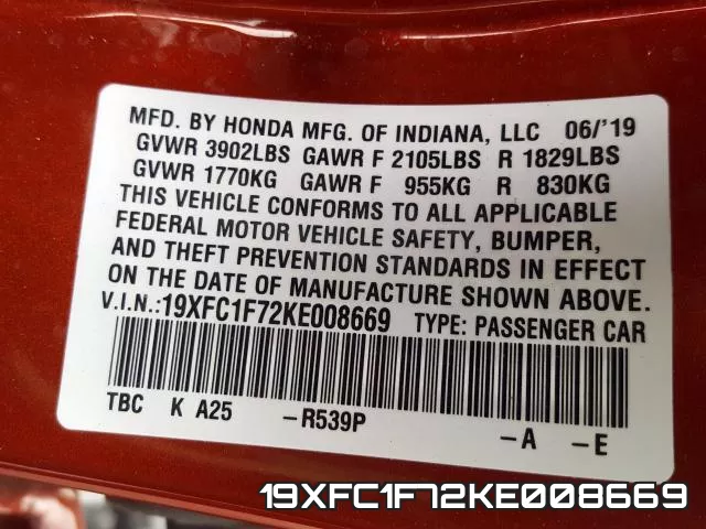 19XFC1F72KE008669 фото 2