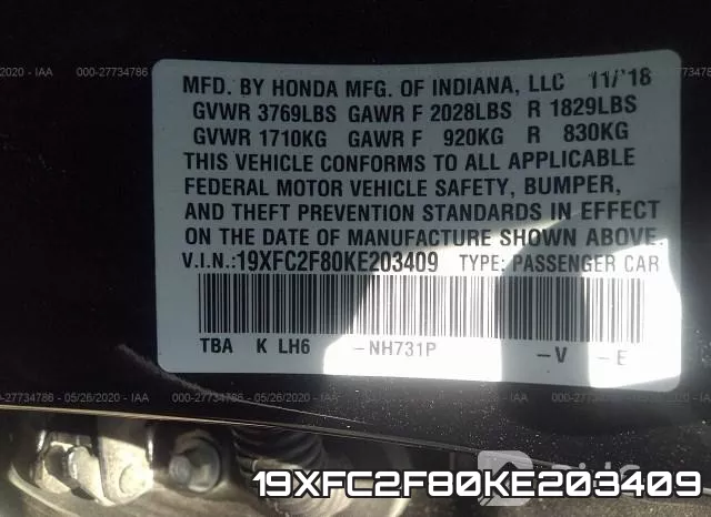 19XFC2F80KE203409 фото 10
