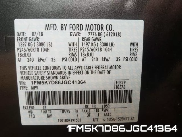 1FM5K7D86JGC41364 фото 2