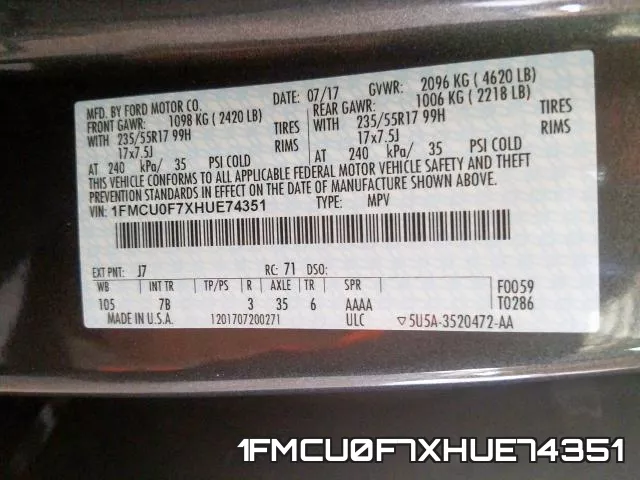 1FMCU0F7XHUE74351 фото 2