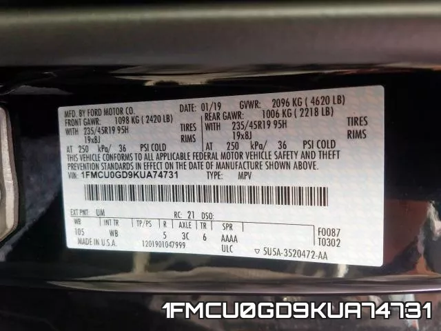 1FMCU0GD9KUA74731 фото 2