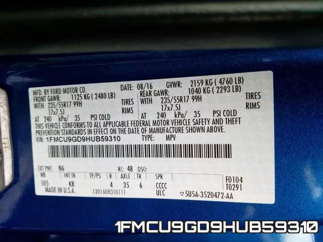 1FMCU9GD9HUB59310 фото 2