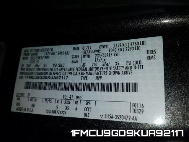 1FMCU9GD9KUA92117 фото 2