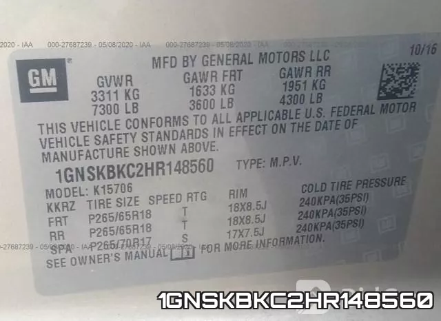 1GNSKBKC2HR148560 фото 10
