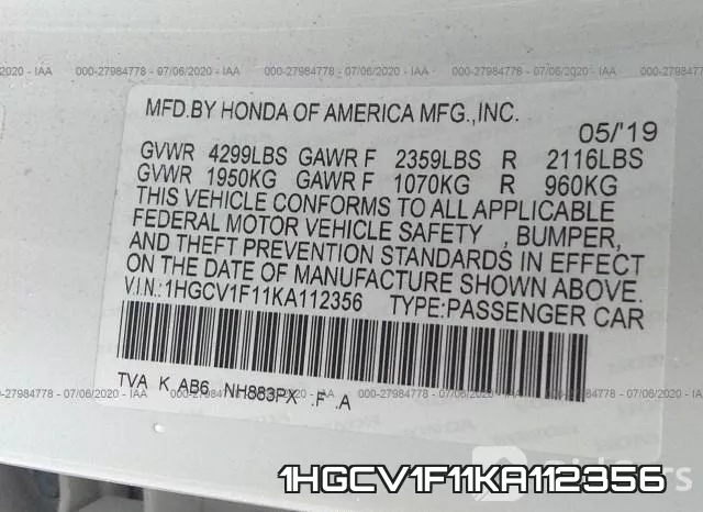 1HGCV1F11KA112356 фото 10