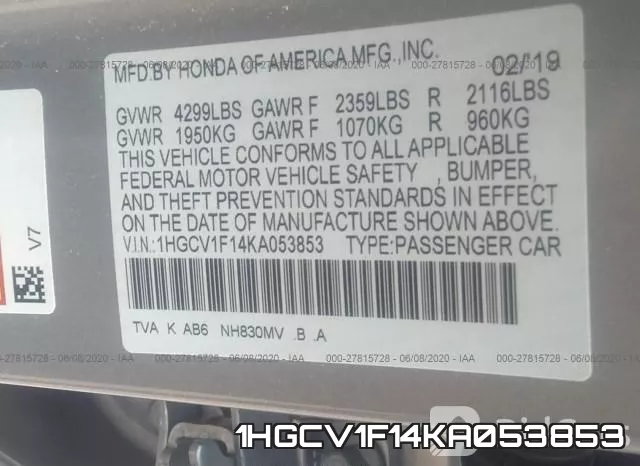 1HGCV1F14KA053853 фото 10