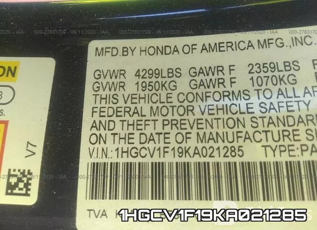 1HGCV1F19KA021285 фото 10