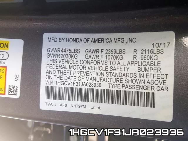 1HGCV1F31JA023936 фото 2