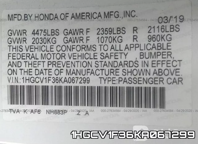 1HGCV1F36KA067299 фото 10