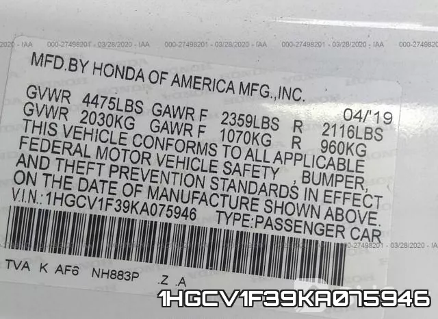 1HGCV1F39KA075946 фото 10