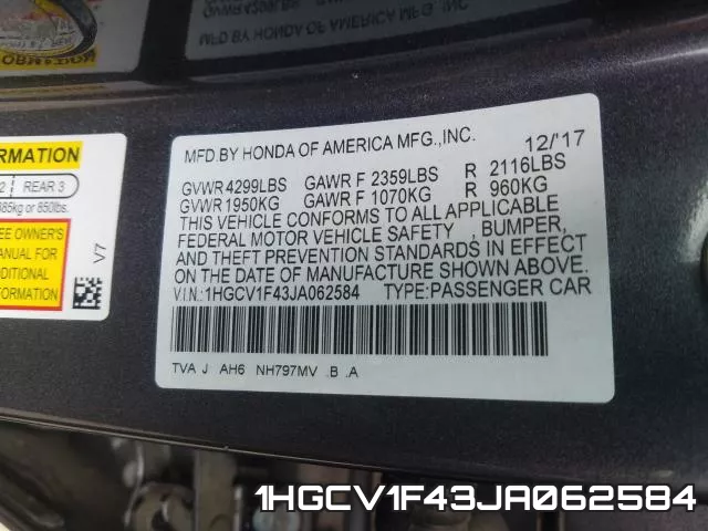 1HGCV1F43JA062584 фото 2