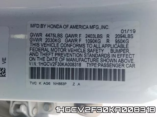 1HGCV2F30KA008318 фото 2