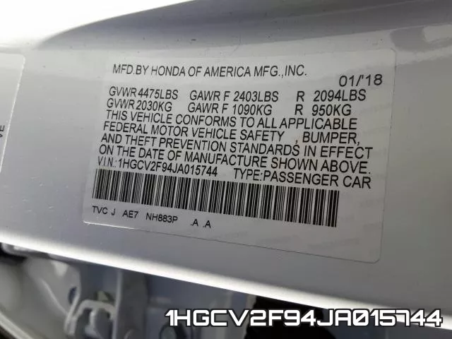 1HGCV2F94JA015744 фото 2