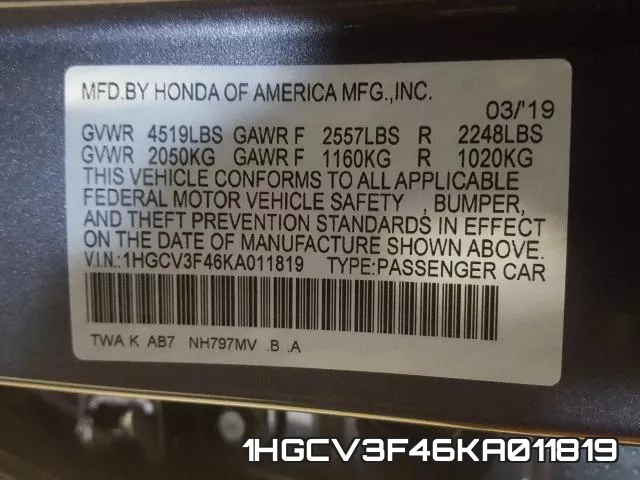 1HGCV3F46KA011819 фото 2