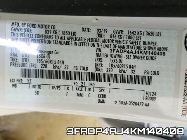 3FADP4AJ4KM140408 фото 2