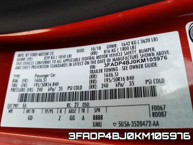 3FADP4BJ0KM105976 фото 2