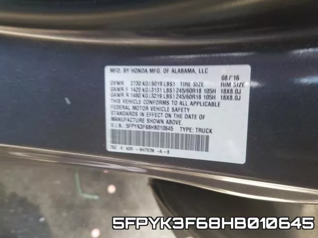 5FPYK3F68HB010645 фото 2