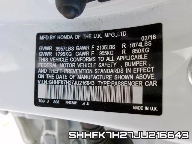 SHHFK7H27JU216643 фото 2