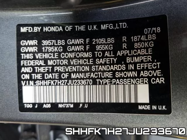 SHHFK7H27JU233670 фото 2