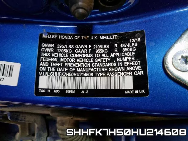 SHHFK7H50HU214608 фото 2