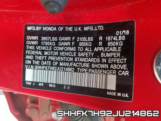 SHHFK7H92JU214862 фото 2