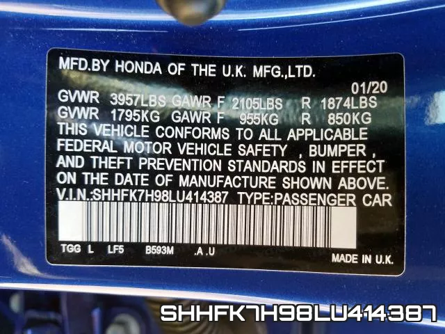 SHHFK7H98LU414387 фото 2