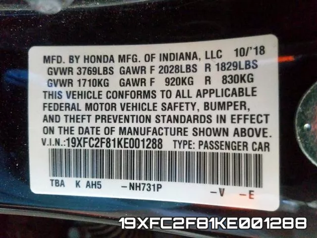 19XFC2F81KE001288 фото 2