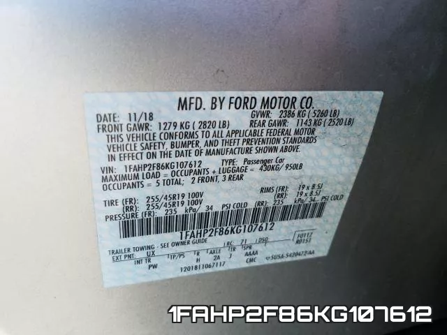 1FAHP2F86KG107612 фото 2