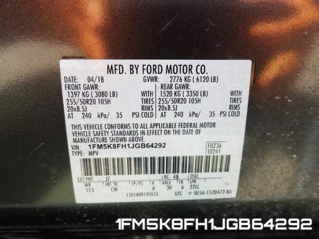 1FM5K8FH1JGB64292 фото 2
