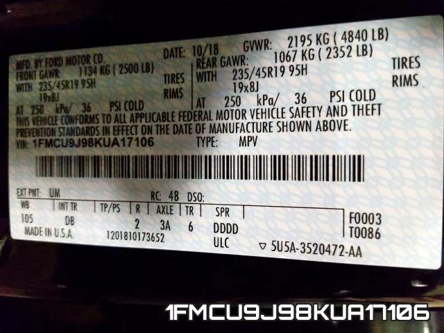 1FMCU9J98KUA17106 фото 2