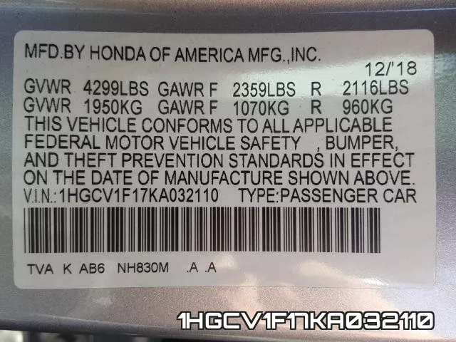 1HGCV1F17KA032110 фото 2