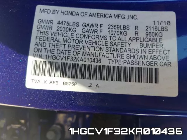 1HGCV1F32KA010436 фото 2