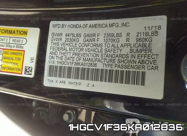 1HGCV1F36KA012836 фото 10