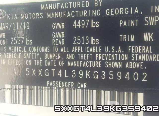 5XXGT4L39KG359402 фото 10