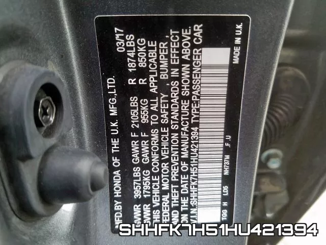 SHHFK7H51HU421394 фото 2