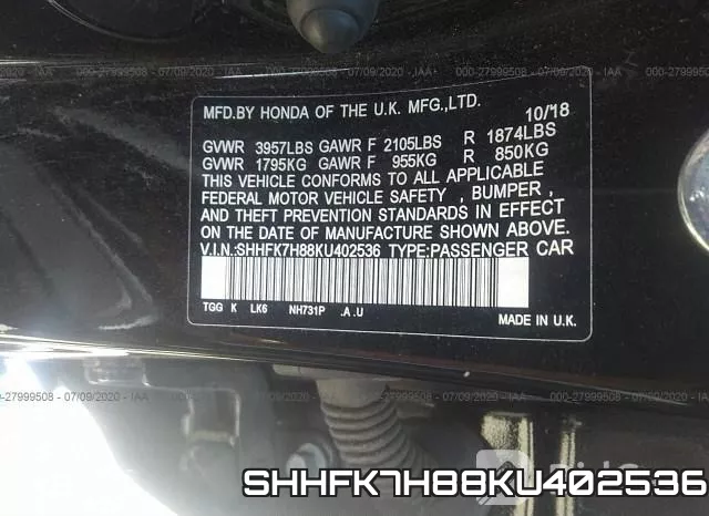 SHHFK7H88KU402536 фото 10