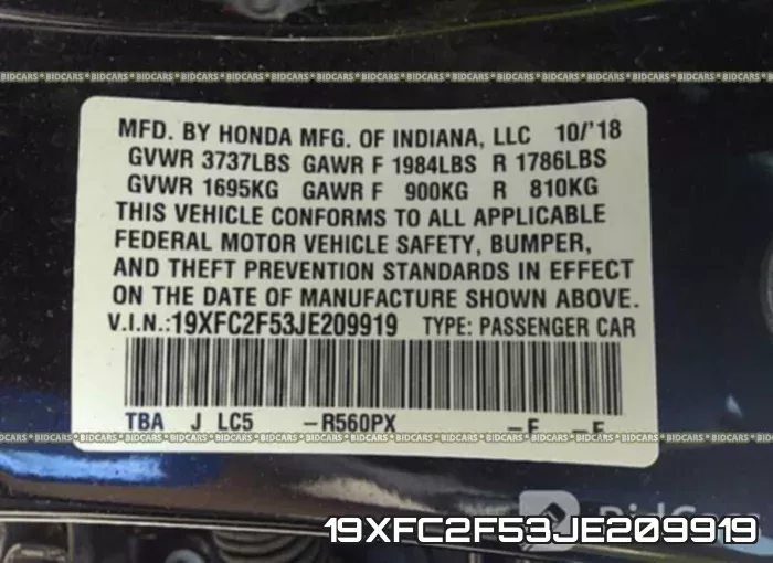 19XFC2F53JE209919 фото 10