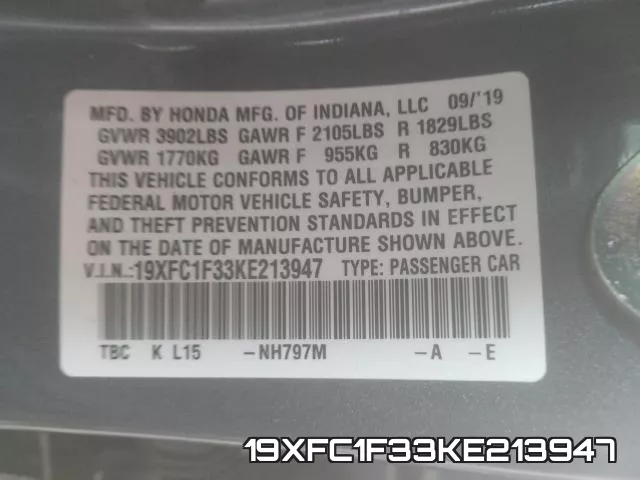 19XFC1F33KE213947 фото 2