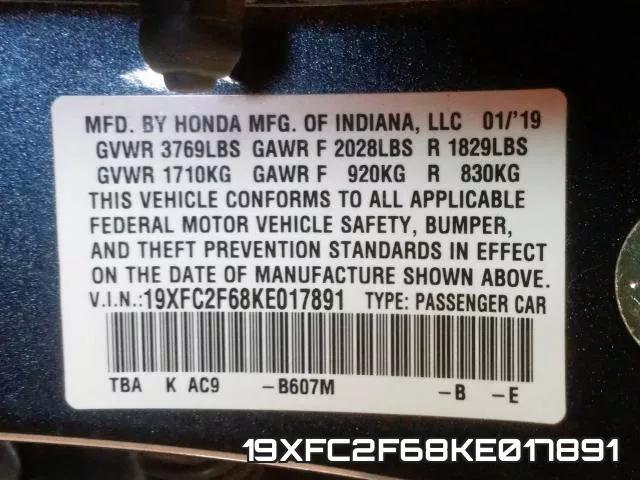 19XFC2F68KE017891 фото 2