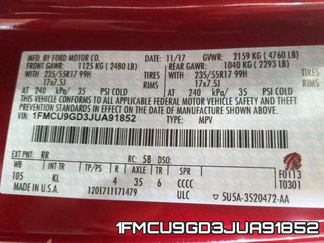 1FMCU9GD3JUA91852 фото 2