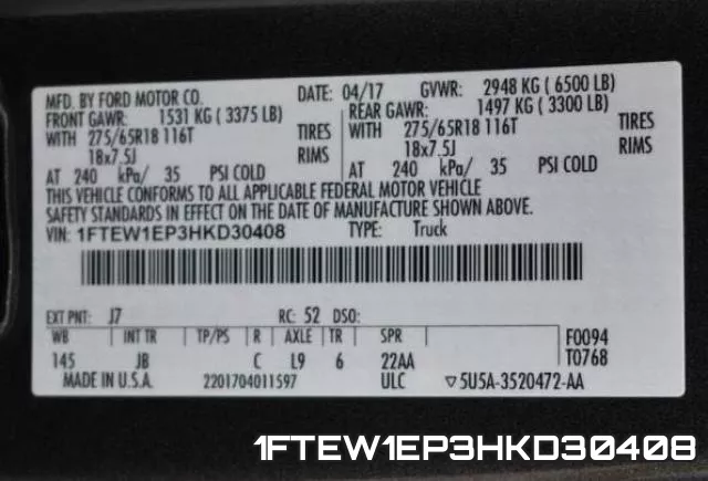 1FTEW1EP3HKD30408 фото 2