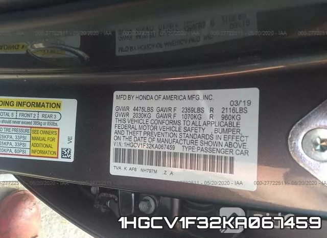 1HGCV1F32KA067459 фото 10