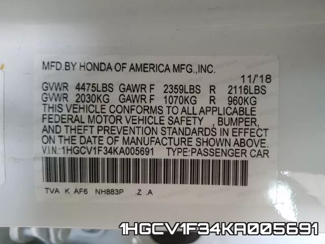 1HGCV1F34KA005691 фото 2
