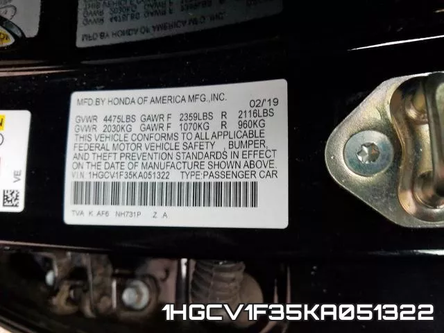 1HGCV1F35KA051322 фото 2