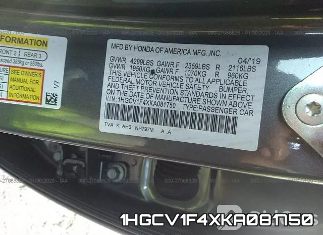 1HGCV1F4XKA081750 фото 10