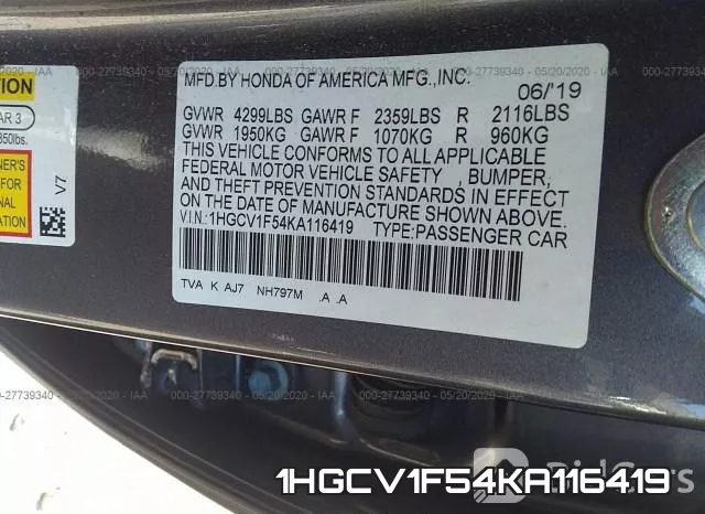 1HGCV1F54KA116419 фото 10