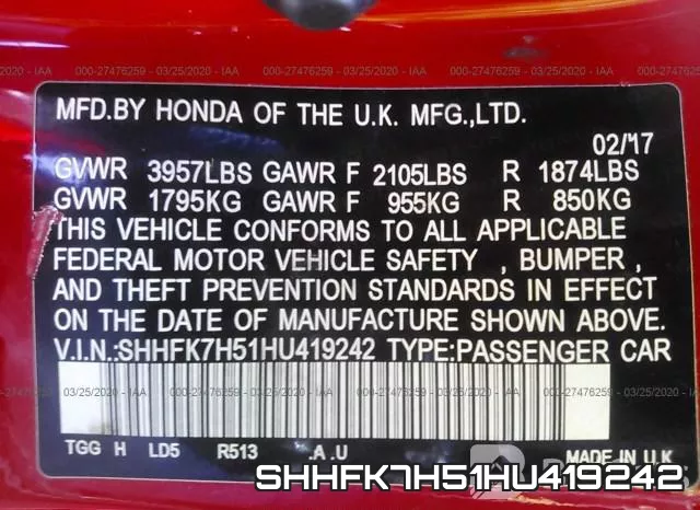 SHHFK7H51HU419242 фото 10