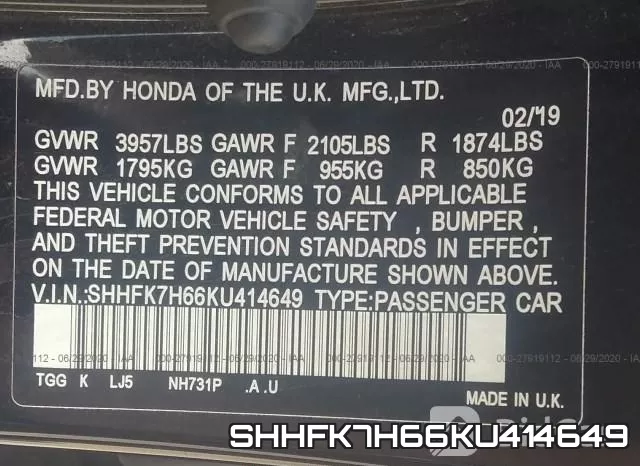 SHHFK7H66KU414649 фото 10