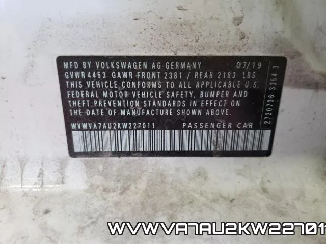 WVWVA7AU2KW227011 фото 2